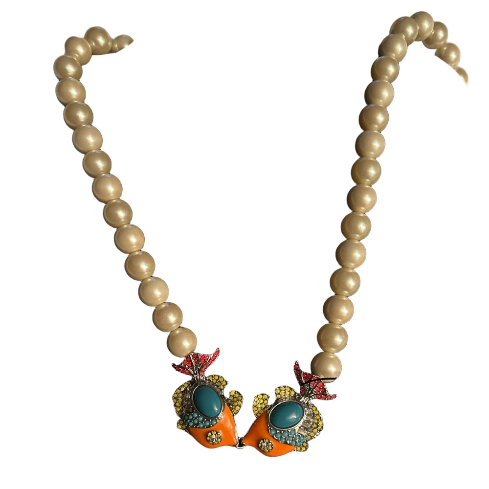 Ann Taylor Cream Pearl Necklace with Orange & Turquoise Fish Charms - Picture 2 of 3